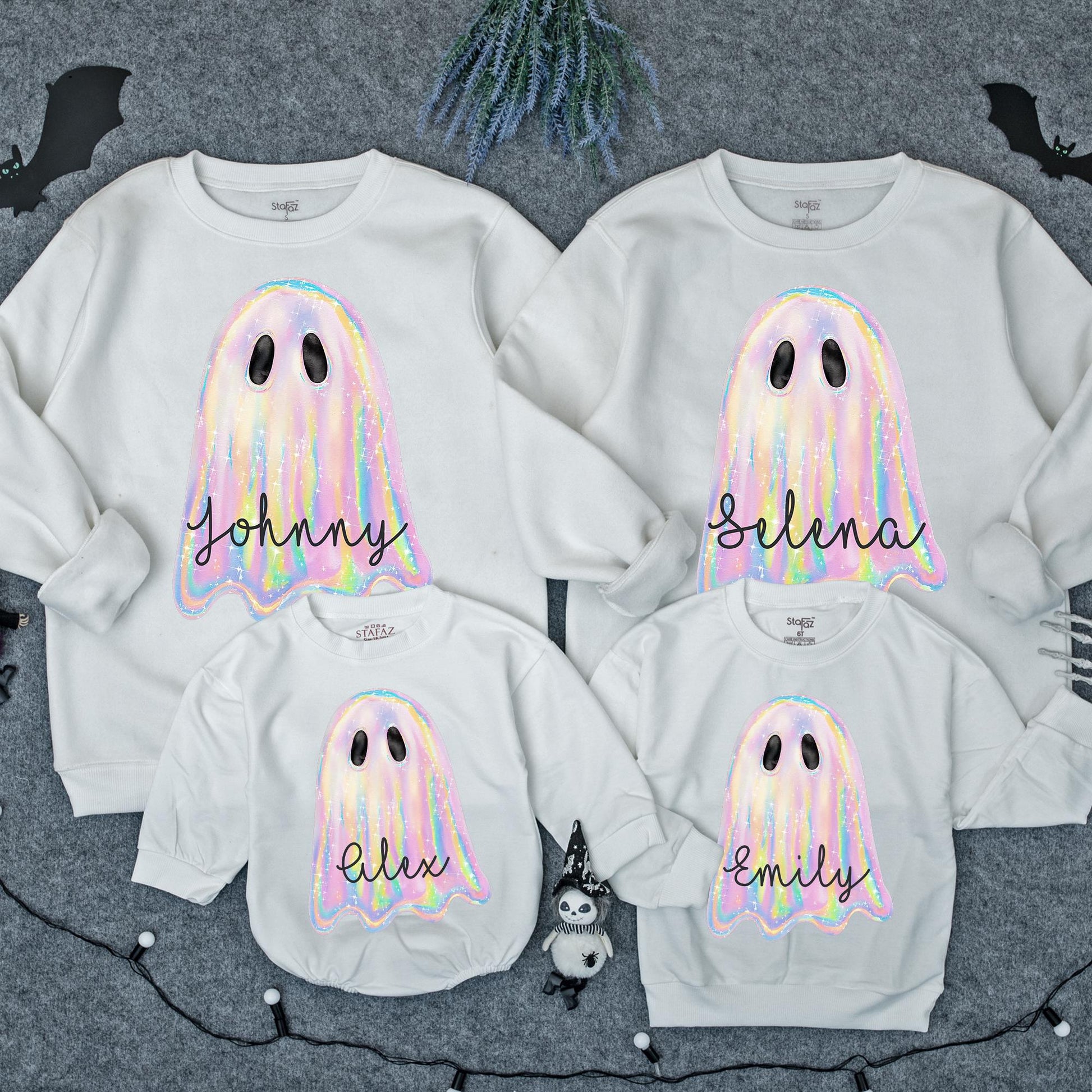 Iridescent Glitter Ghost Sweatshirt: Cute Spooky Season Crewneck for Toddler Girls, Shimmering Halloween Outfit, Pastel Rainbow Hues, Festive Style (138)