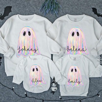 Iridescent Glitter Ghost Sweatshirt: Cute Spooky Season Crewneck for Toddler Girls, Shimmering Halloween Outfit, Pastel Rainbow Hues, Festive Style (138)