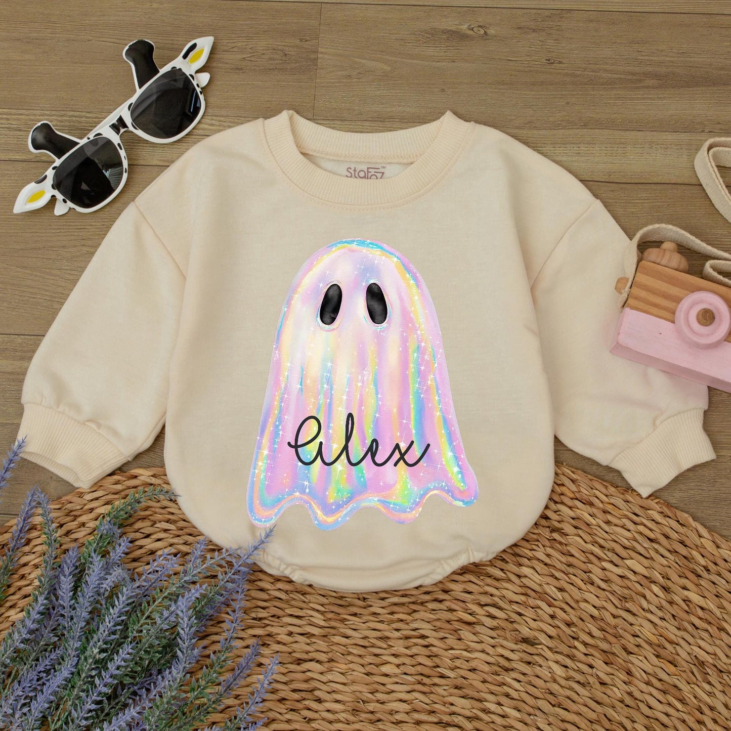 Iridescent Glitter Ghost Sweatshirt: Cute Spooky Season Crewneck for Toddler Girls, Shimmering Halloween Outfit, Pastel Rainbow Hues, Festive Style (138)