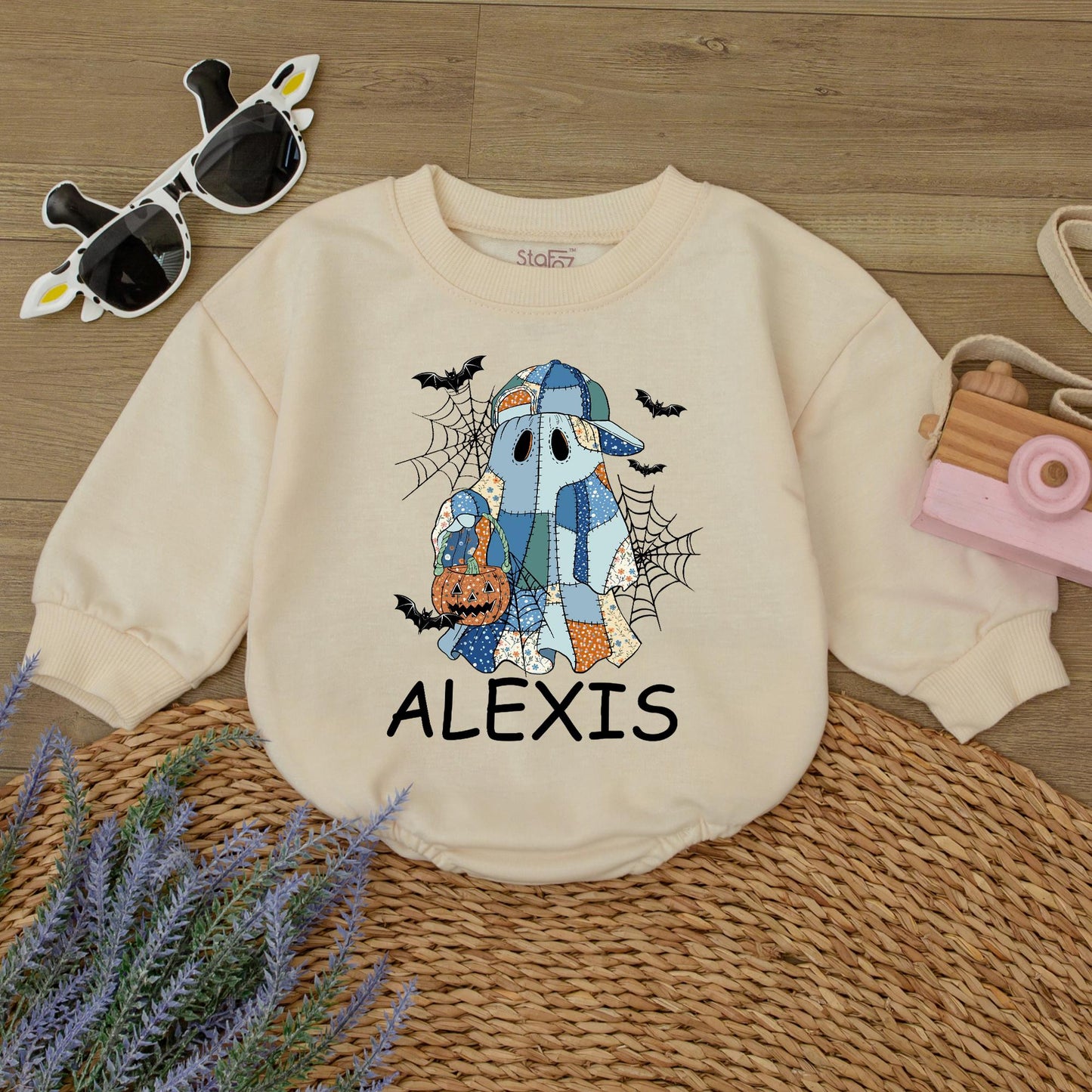 Custom Patchwork Ghost Sweatshirt with Bats & Jack-o-Lanterns Personalized Name Spooky Season Family Sweater Halloween Gift