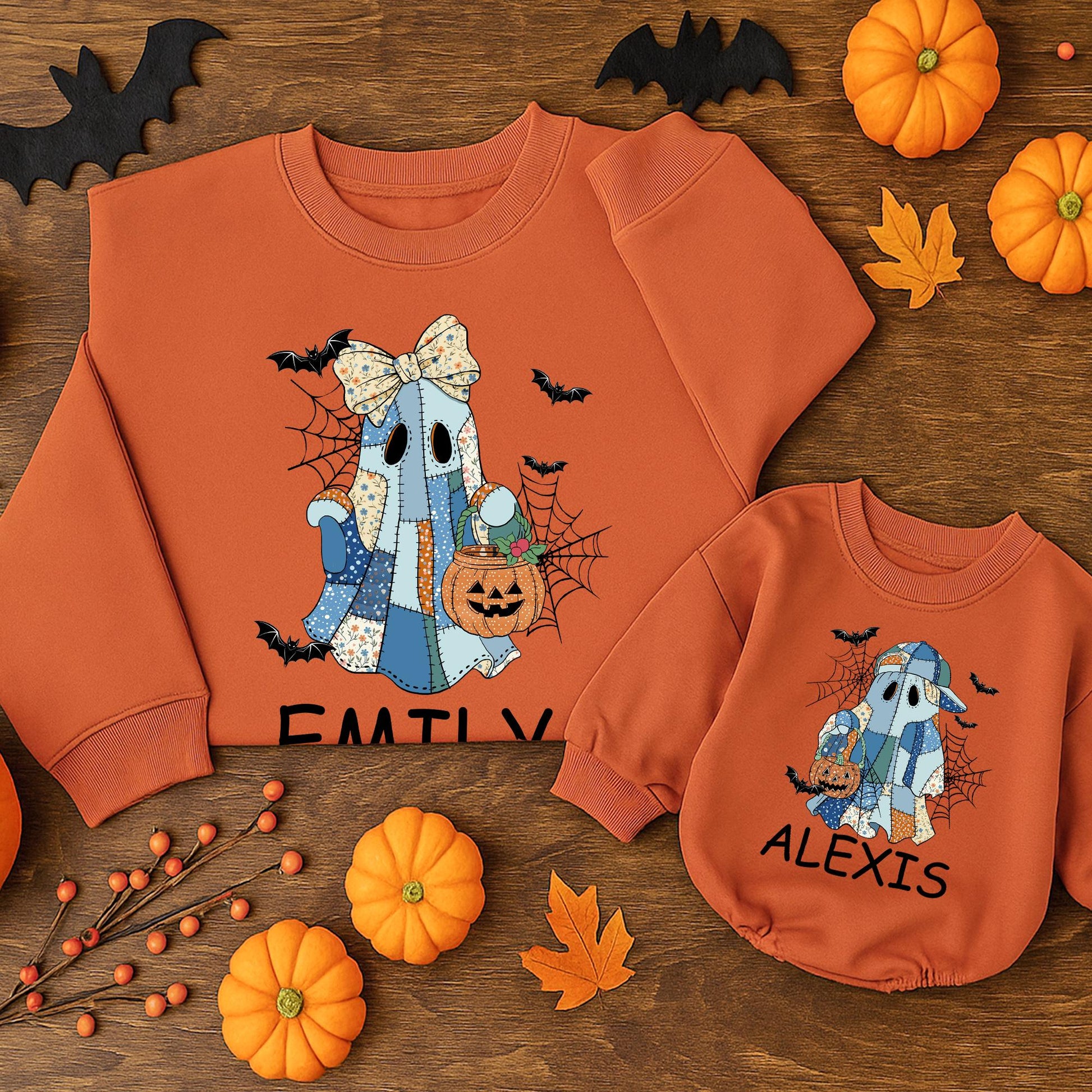 Custom Patchwork Ghost Sweatshirt with Bats & Jack-o-Lanterns Personalized Name Spooky Season Family Sweater Halloween Gift