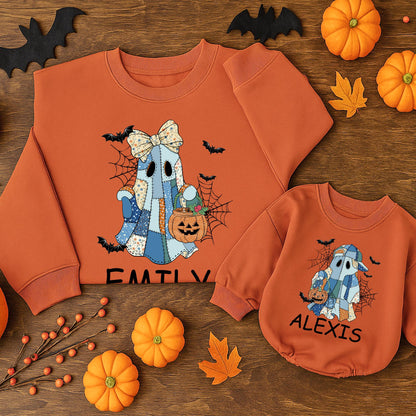 Custom Patchwork Ghost Sweatshirt with Bats & Jack-o-Lanterns Personalized Name Spooky Season Family Sweater Halloween Gift