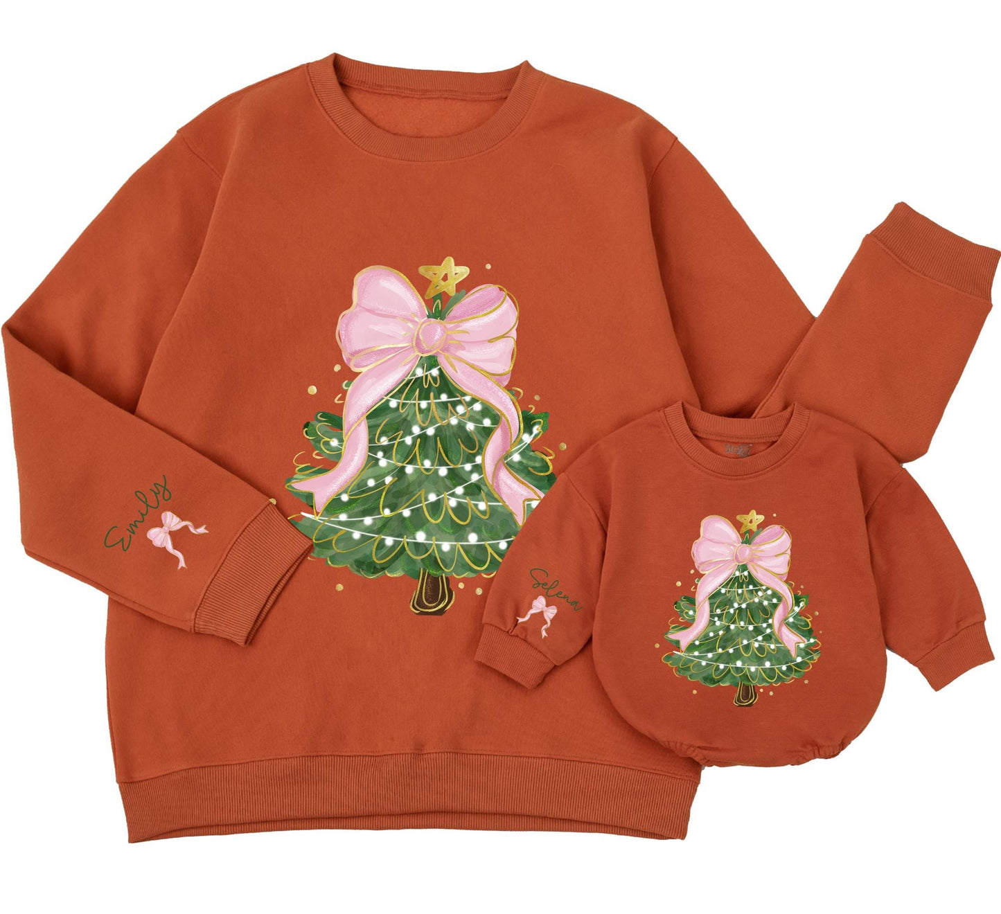 Personalized Whimsical Christmas Tree Sweatshirt Mom Daughter Matching Outfit Festive Bow Star Green Sleeve Name Custom Kid Gift 130 Chars