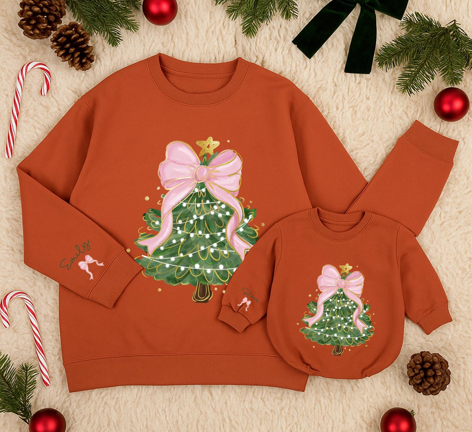 Personalized Whimsical Christmas Tree Sweatshirt Mom Daughter Matching Outfit Festive Bow Star Green Sleeve Name Custom Kid Gift 130 Chars