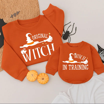 Witch Mama and Mini Halloween Sweatshirts Mommy and Me Matching Family Outfits Adorable Cartoon Witch Graphics Best Gift