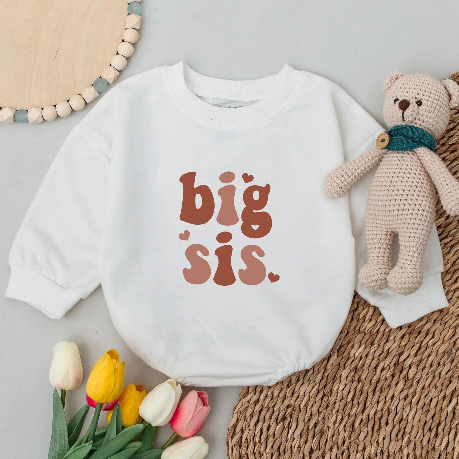 Big Sis Toddler Sweatshirt Vintage Retro Big Sister Gift Cute Reddish Brown Heart Print Promoted to Big Sister Toddler Shirt