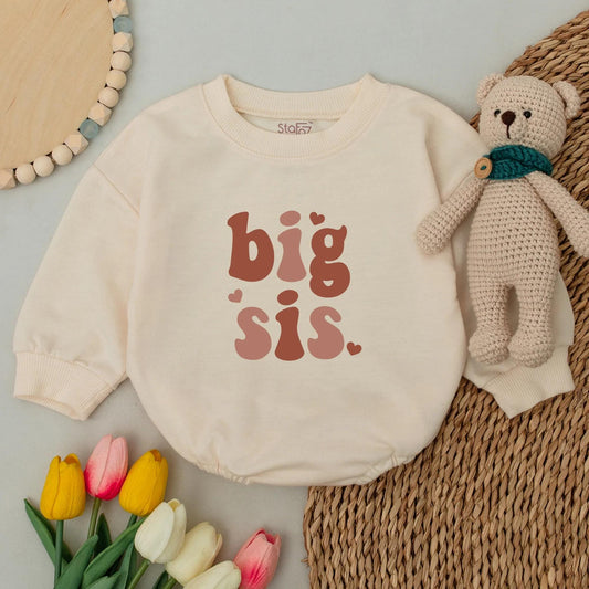 Big Sis Toddler Sweatshirt Vintage Retro Big Sister Gift Cute Reddish Brown Heart Print Promoted to Big Sister Toddler Shirt