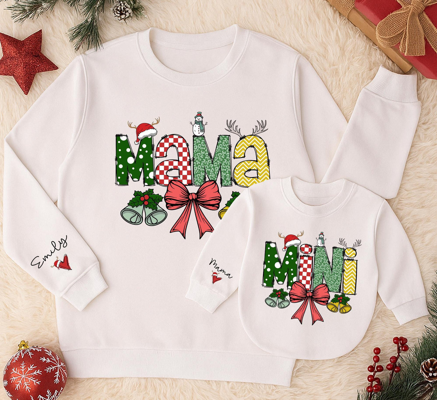 Personalized Mama Mini Matching Christmas Sweatshirts Festive Polka Dot Checks Reindeer Antlers Daughter Kid Outfit Baby Girl Romper Gift
