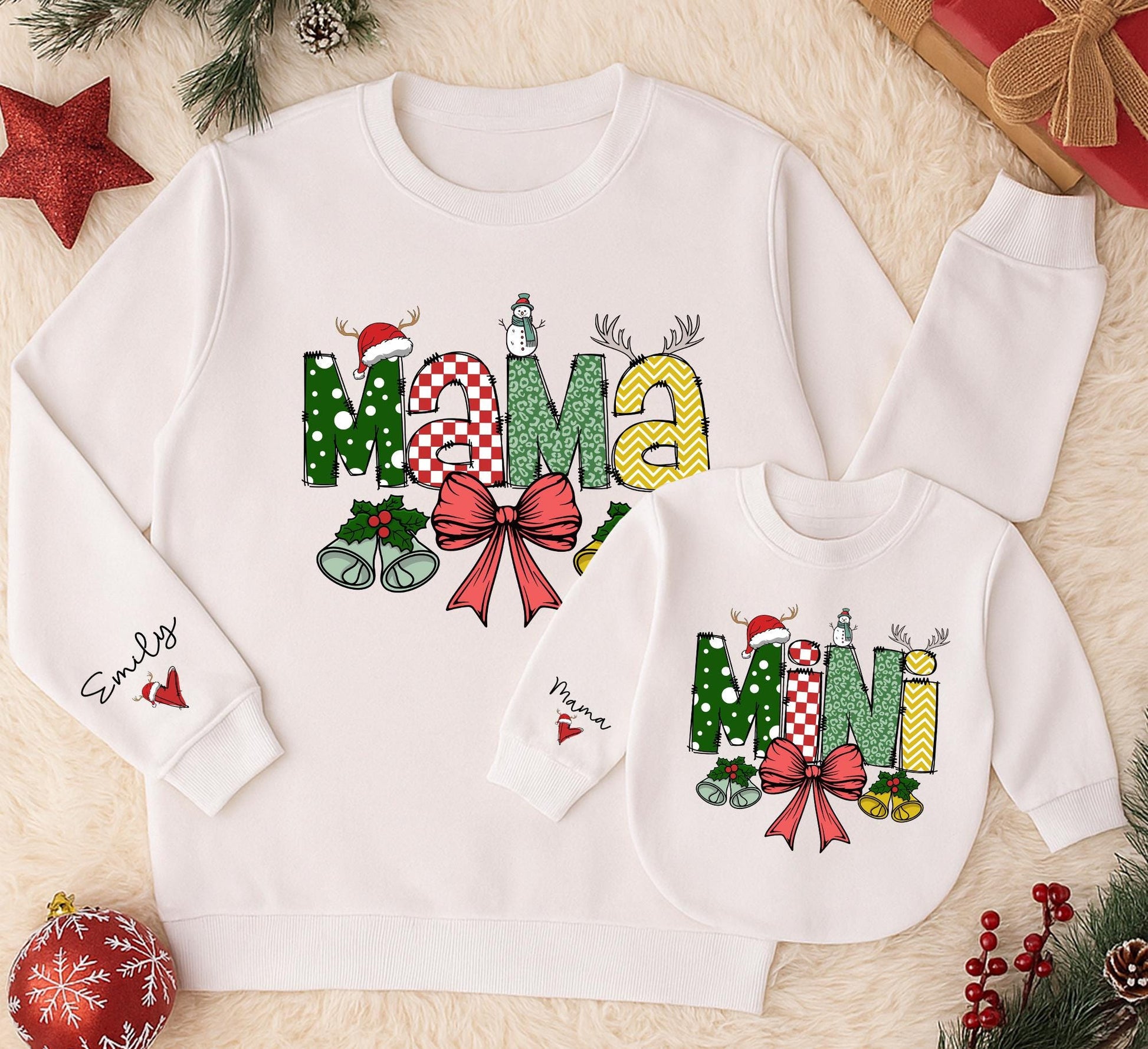 Personalized Mama Mini Matching Christmas Sweatshirts Festive Polka Dot Checks Reindeer Antlers Daughter Kid Outfit Baby Girl Romper Gift