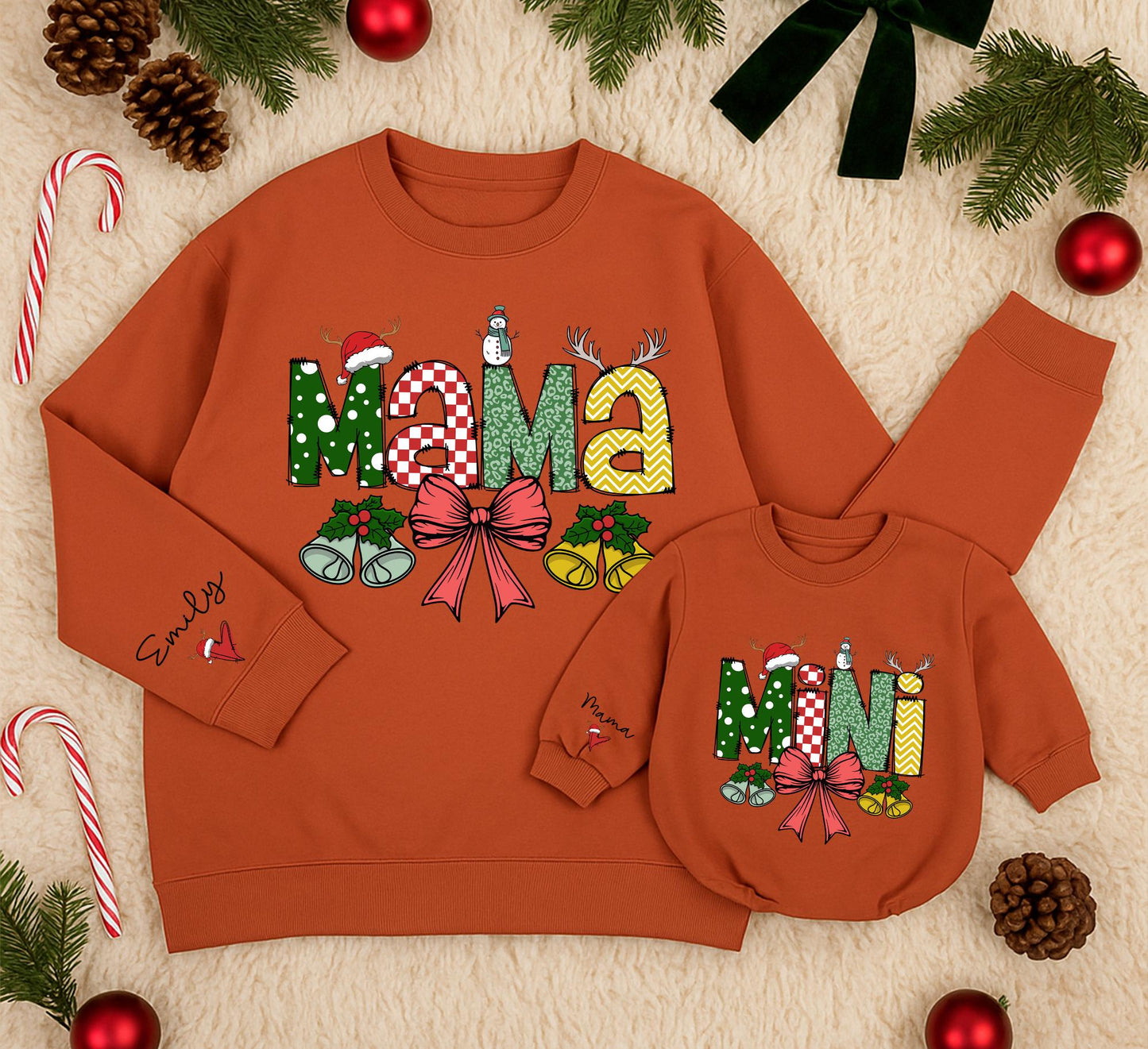Personalized Mama Mini Matching Christmas Sweatshirts Festive Polka Dot Checks Reindeer Antlers Daughter Kid Outfit Baby Girl Romper Gift