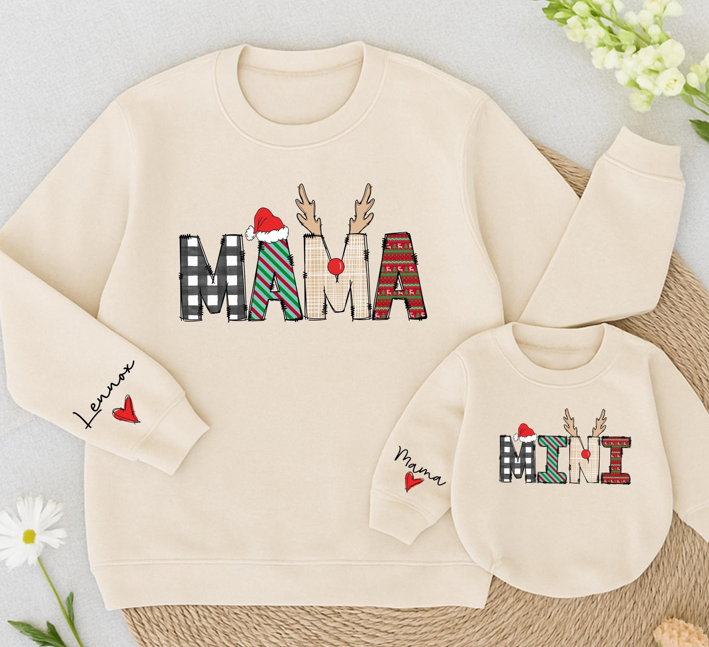 Personalized Mama Mini Matching Sweatshirt Set Buffalo Plaid Holiday Outfits Custom Family Christmas Shirts Lennox Heart Sleeve Winter Cute Gift