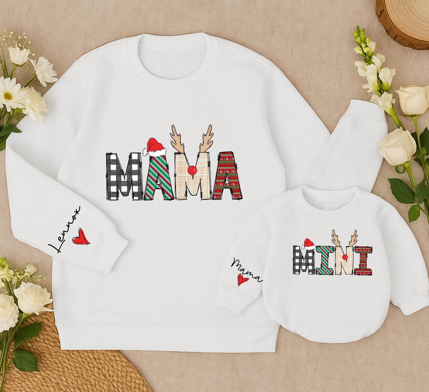 Personalized Mama Mini Matching Sweatshirt Set Buffalo Plaid Holiday Outfits Custom Family Christmas Shirts Lennox Heart Sleeve Winter Cute Gift