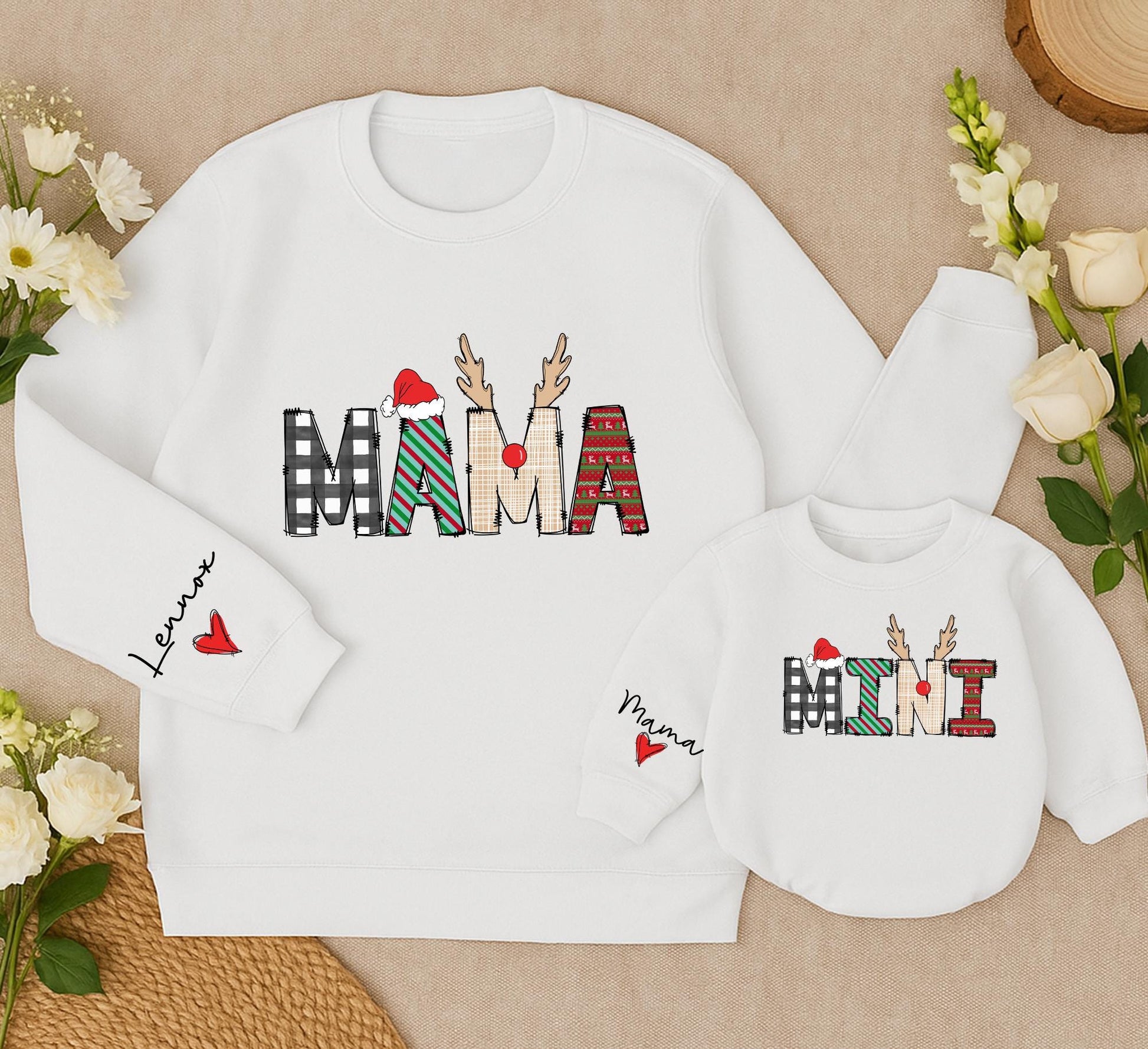 Personalized Mama Mini Matching Sweatshirt Set Buffalo Plaid Holiday Outfits Custom Family Christmas Shirts Lennox Heart Sleeve Winter Cute Gift