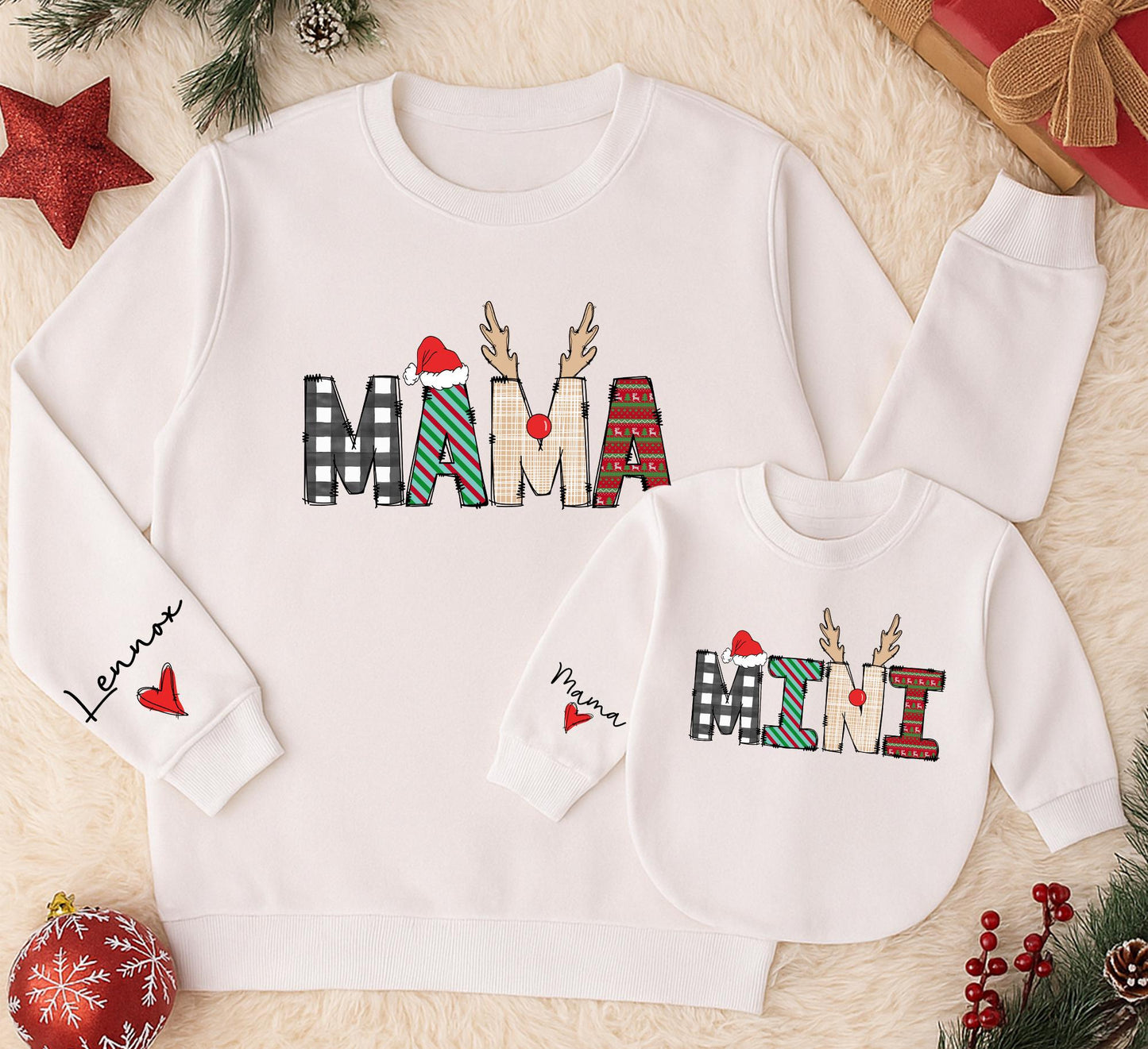 Personalized Mama Mini Matching Sweatshirt Set Buffalo Plaid Holiday Outfits Custom Family Christmas Shirts Lennox Heart Sleeve Winter Cute Gift