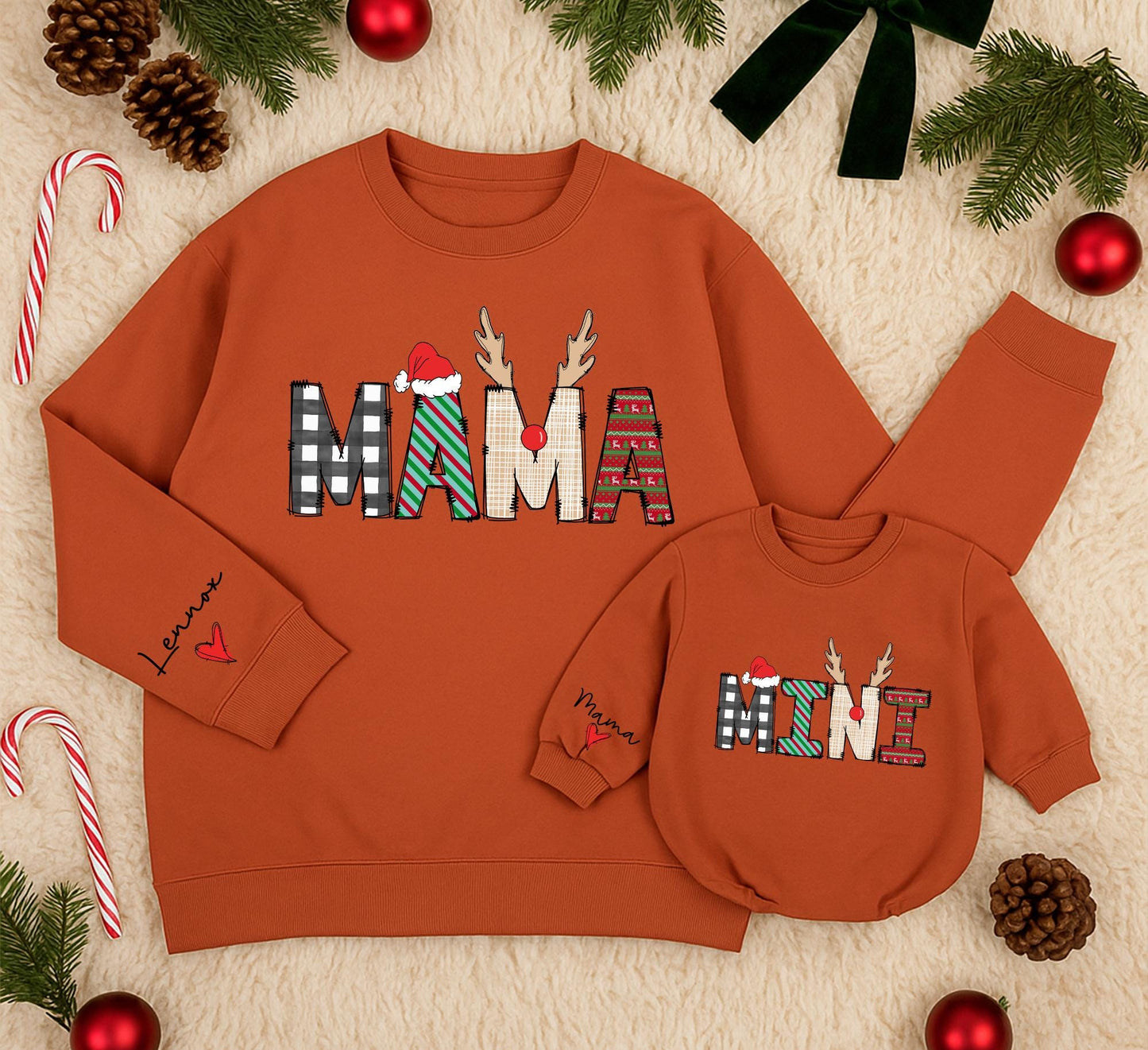 Personalized Mama Mini Matching Sweatshirt Set Buffalo Plaid Holiday Outfits Custom Family Christmas Shirts Lennox Heart Sleeve Winter Cute Gift