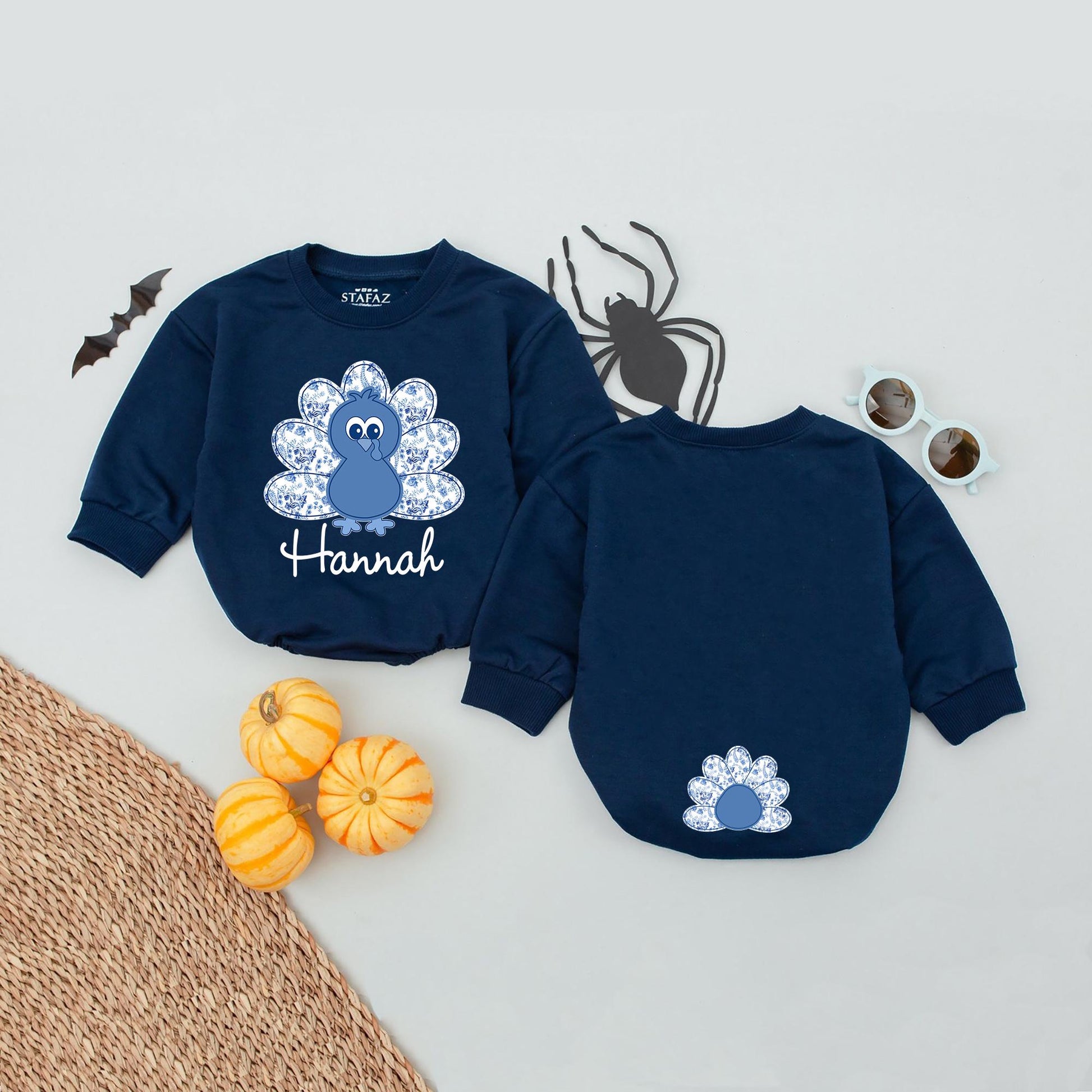 Personalized Thanksgiving Turkey Romper, Custom Name Hannah's First Turkey Day Outfit, Cute Blue Floral Turkey Baby Outfit, Unique Holiday Babysuit (136 chars)