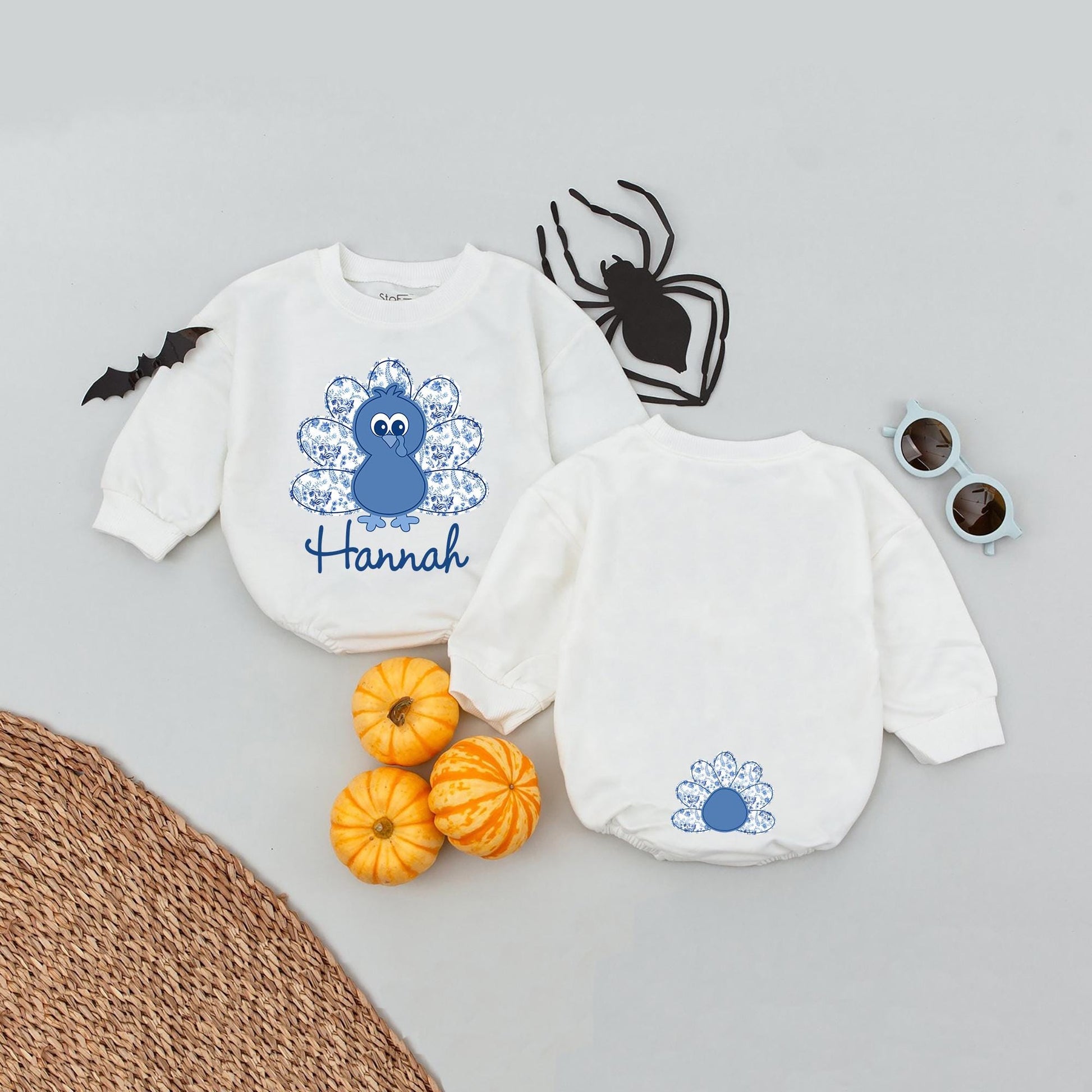 Personalized Thanksgiving Turkey Romper, Custom Name Hannah's First Turkey Day Outfit, Cute Blue Floral Turkey Baby Outfit, Unique Holiday Babysuit (136 chars)