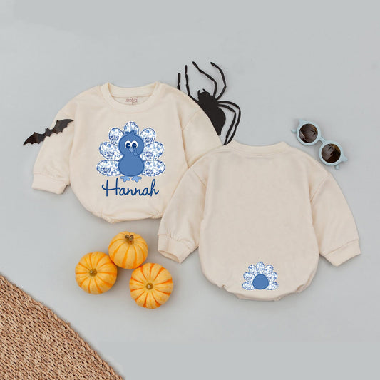 Personalized Thanksgiving Turkey Romper, Custom Name Hannah's First Turkey Day Outfit, Cute Blue Floral Turkey Baby Outfit, Unique Holiday Babysuit (136 chars)