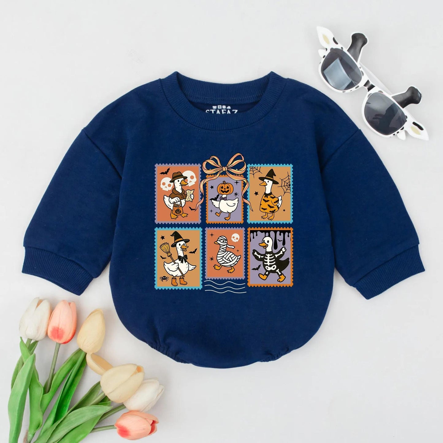 Retro Halloween Goose Bubble Romper Spooky Goose Baby Costume Fall Newborn Outfit Halloween Baby Shower Gift Pumpkin Season Bodysuit