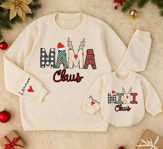 Personalized Mama Claus & Mini Claus Matching Family Christmas Sweatshirts with Plaid Antlers & Santa Hat - Cozy Holiday Outfits for Mom and Daughter