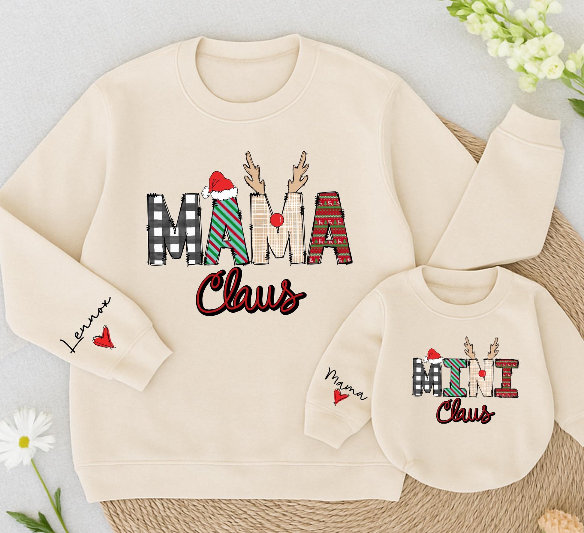 Personalized Mama Claus & Mini Claus Matching Family Christmas Sweatshirts with Plaid Antlers & Santa Hat - Cozy Holiday Outfits for Mom and Daughter