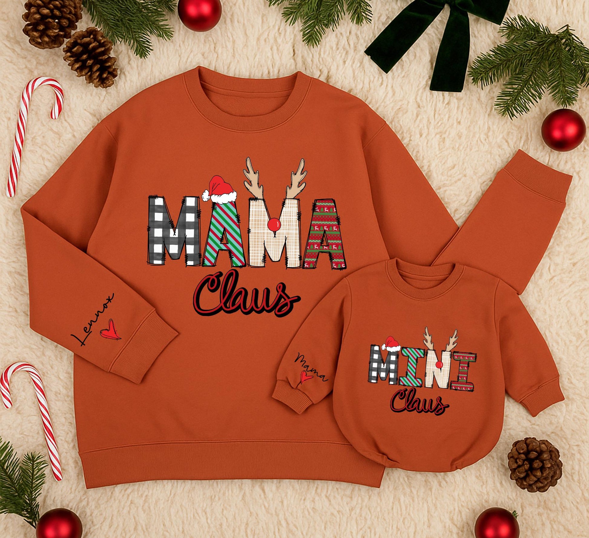 Personalized Mama Claus & Mini Claus Matching Family Christmas Sweatshirts with Plaid Antlers & Santa Hat - Cozy Holiday Outfits for Mom and Daughter