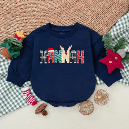HANNAH Christmas Romper: Festive Name Outfit! Baby's 1st Holiday Sweatshirt Romper, Cute Reindeer Plaid Letters, Newborn Gift, Unique Xmas Clothes (136 chars)