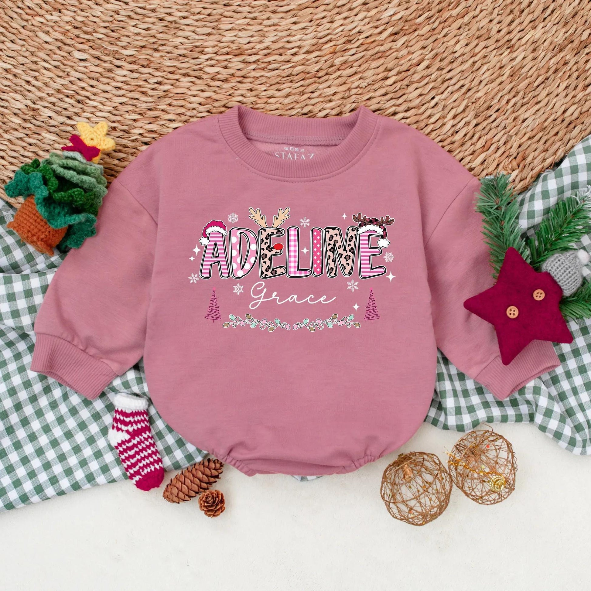 Personalized Pink Christmas Romper Baby Girl Holiday Outfit Custom Name Sweatshirt Cute Xmas Gift First Christmas Present Soft Cotton 1st Birthday 139chars