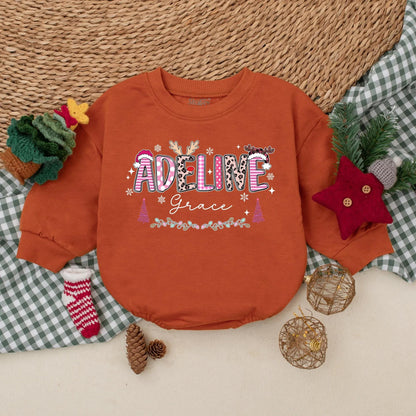 Personalized Pink Christmas Romper Baby Girl Holiday Outfit Custom Name Sweatshirt Cute Xmas Gift First Christmas Present Soft Cotton 1st Birthday 139chars