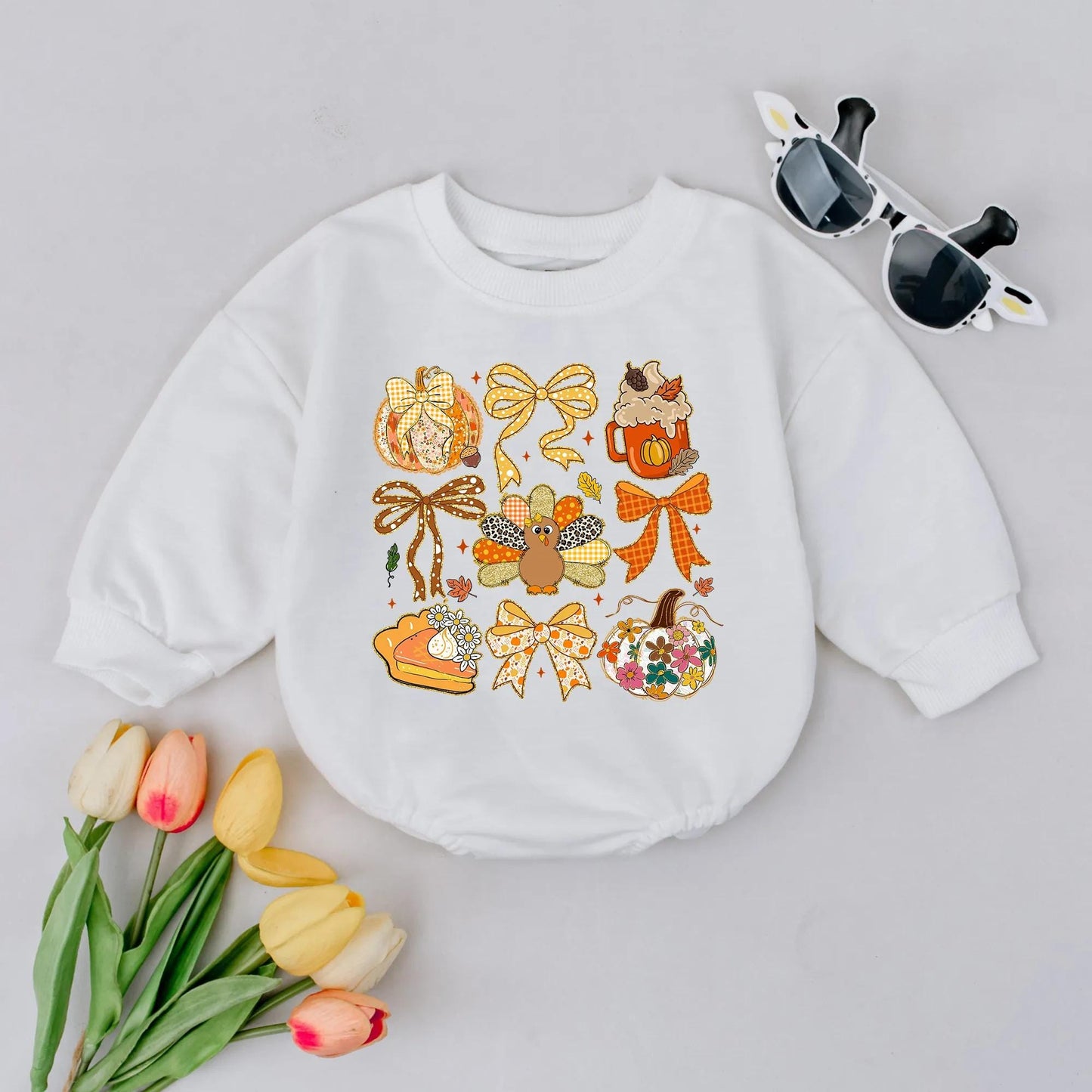 Whimsical Fall Bubble Romper for Babies Girls Boys with Pumpkin Pie Turkey & Floral Gingham Patterns Autumn Baby Shower Gift Cozy Celebration Outfit
