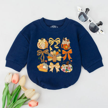 Whimsical Fall Bubble Romper for Babies Girls Boys with Pumpkin Pie Turkey & Floral Gingham Patterns Autumn Baby Shower Gift Cozy Celebration Outfit