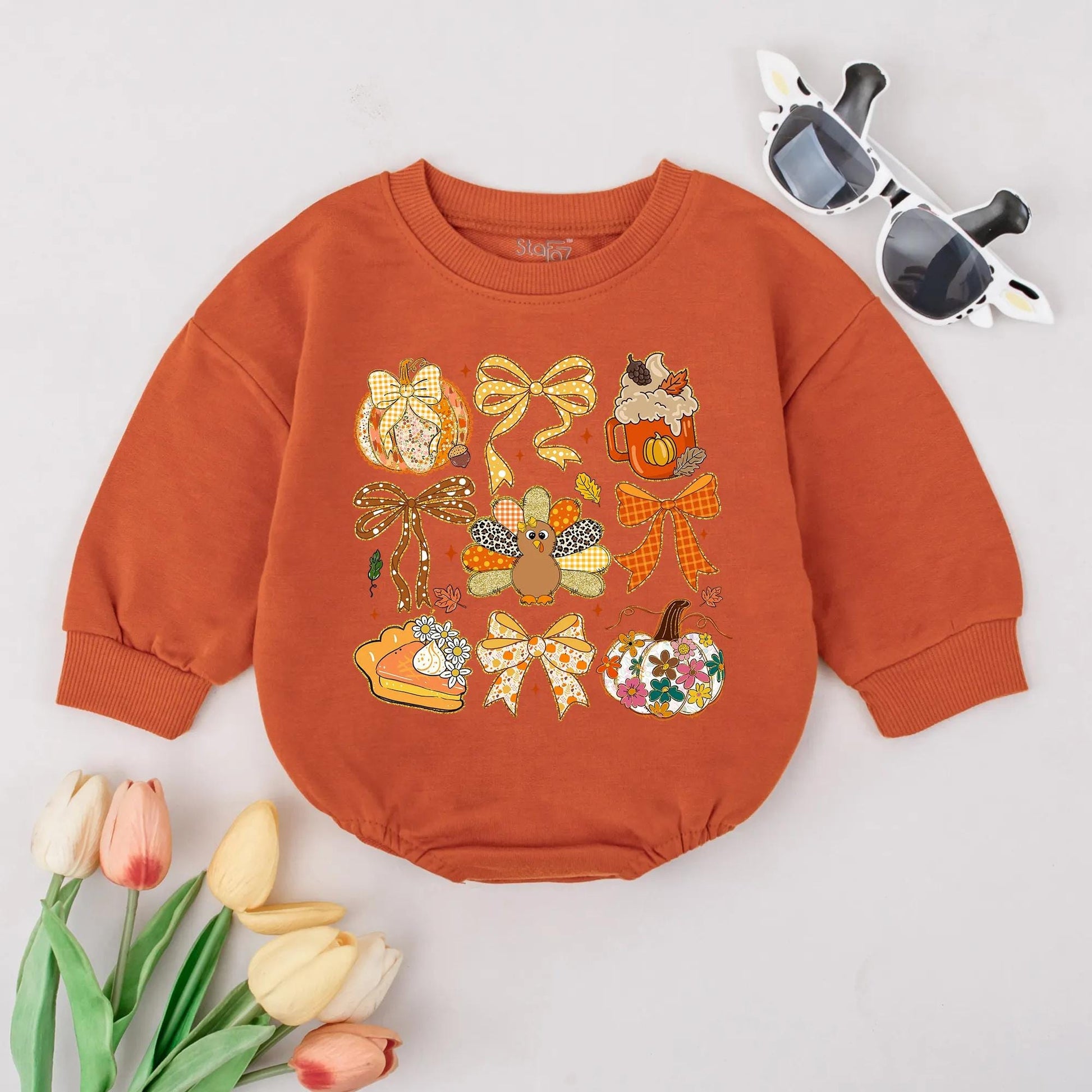 Whimsical Fall Bubble Romper for Babies Girls Boys with Pumpkin Pie Turkey & Floral Gingham Patterns Autumn Baby Shower Gift Cozy Celebration Outfit