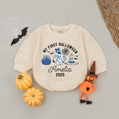 My First Halloween Baby Romper Cute Blue Pumpkin Ghost Witch Hat Amelia 2025 Fall Celebration Outfit