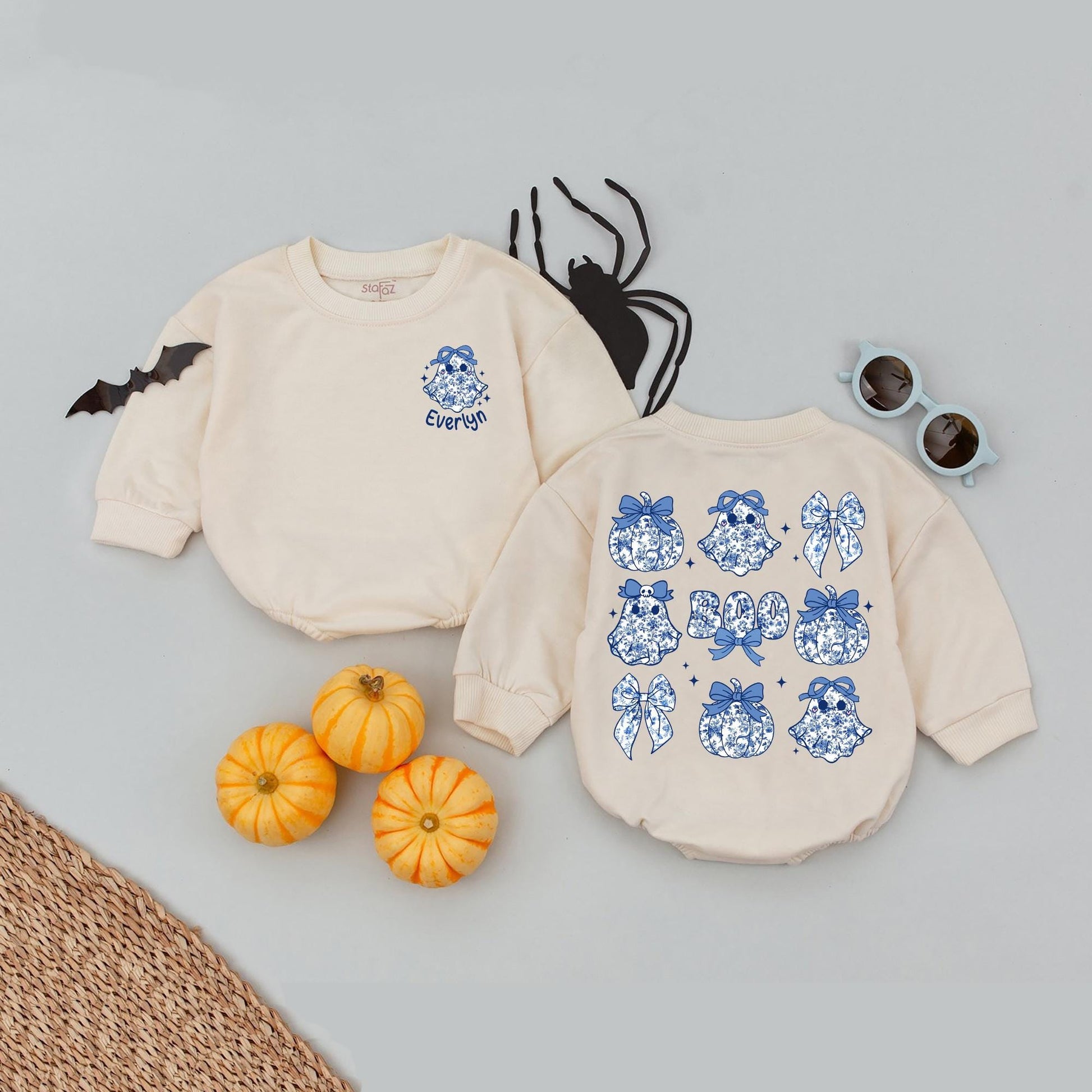 Custom Name Blue Bow Ghost Halloween Romper Baby Girl Clothes, Spooky Boo Outfit, Floral China Pattern Bows, Newborn Bubble Romper