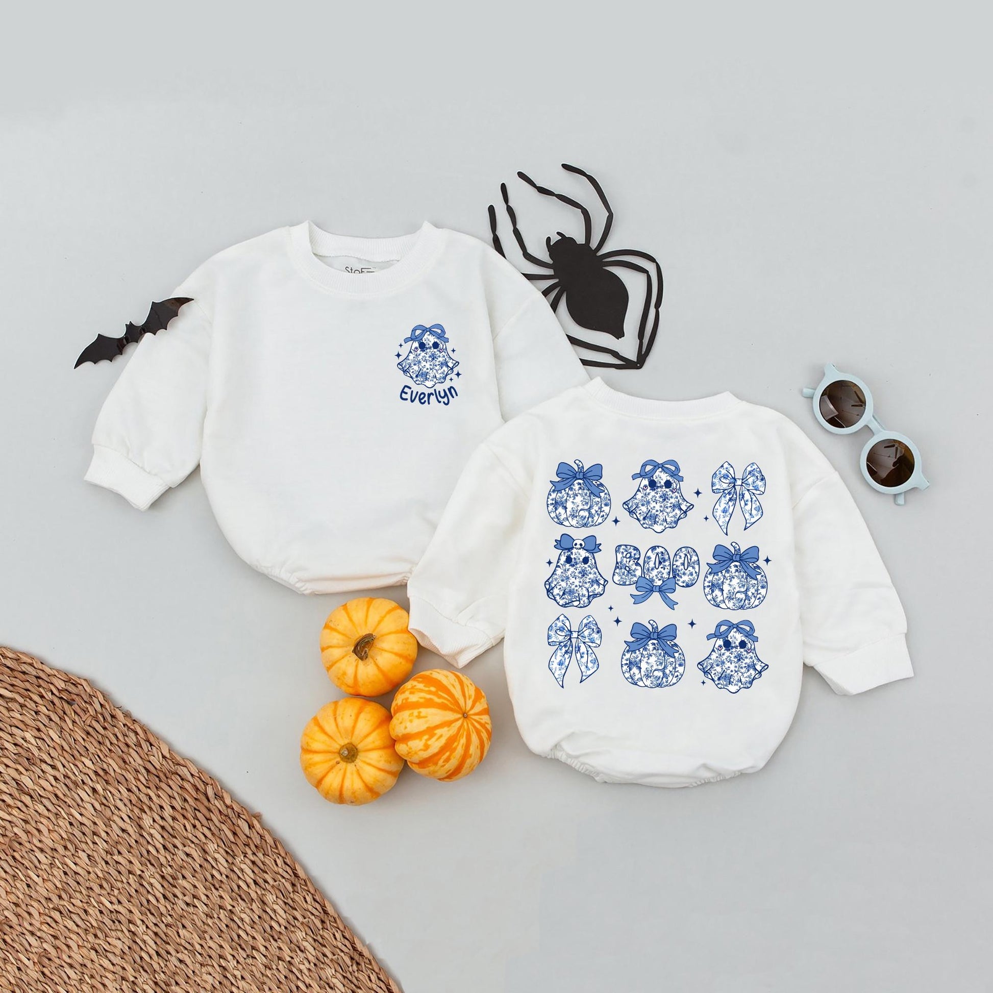 Custom Name Blue Bow Ghost Halloween Romper Baby Girl Clothes, Spooky Boo Outfit, Floral China Pattern Bows, Newborn Bubble Romper