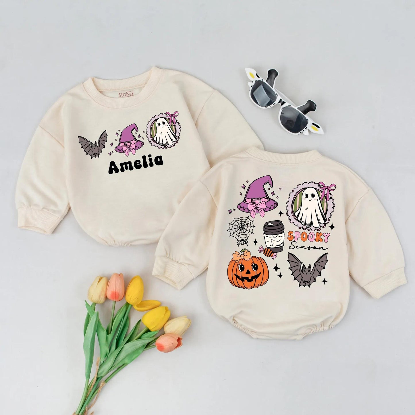 Custom Name Ghost Pumpkin Romper Cute Spooky Season Baby Outfit Fall Pumpkin Bodysuit 1st Halloween Gift Purple Orange Gray