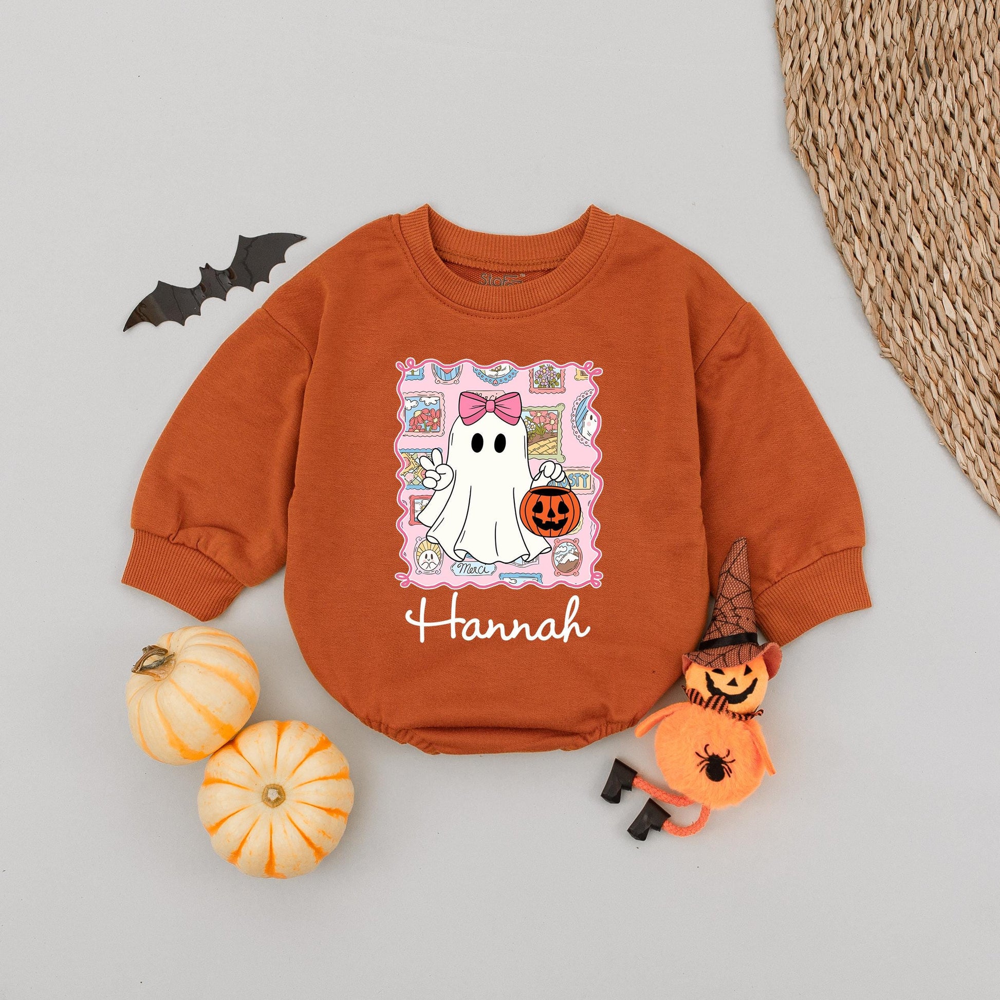 Personalized Halloween Ghost Bubble Romper for Baby Girls Boys Toddler Infant with Pink Bow Pumpkin Whimsical Name Design Outfit