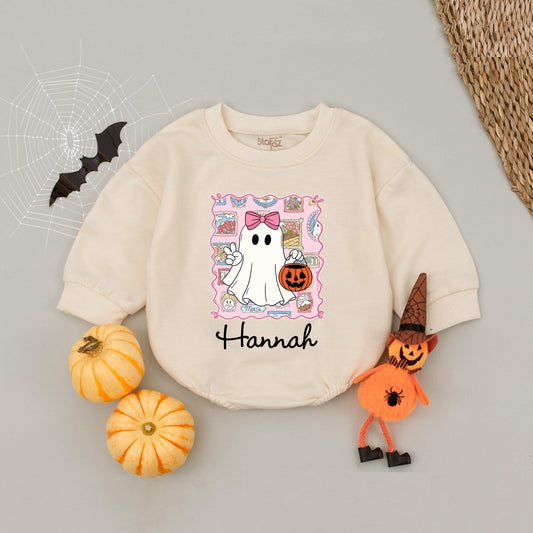 Personalized Halloween Ghost Bubble Romper for Baby Girls Boys Toddler Infant with Pink Bow Pumpkin Whimsical Name Design Outfit