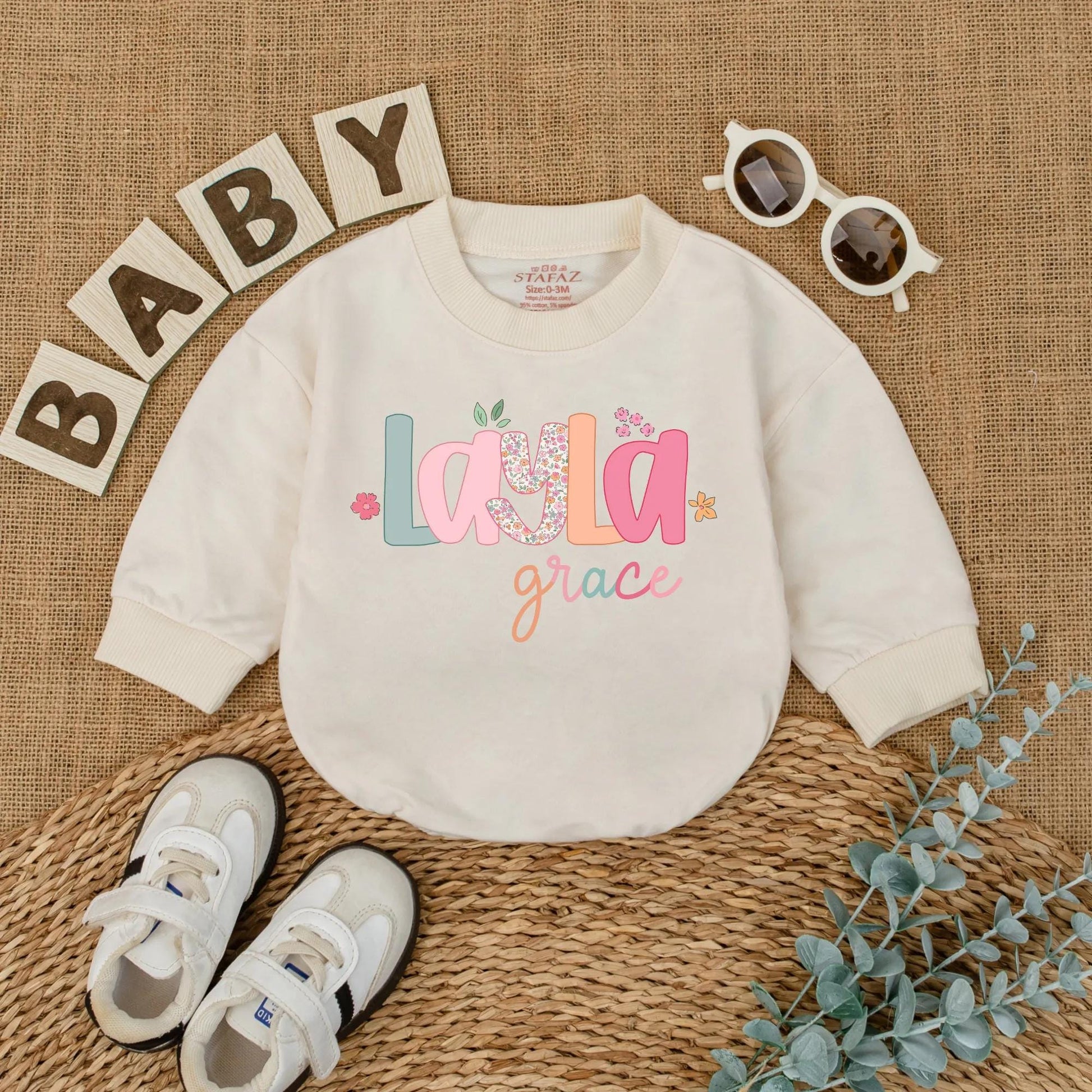 Layla Grace Bubble Romper Baby Girl Floral Name Outfit Custom Pastel Font Sweet Whimsical Infant Clothes Coming Home Gift