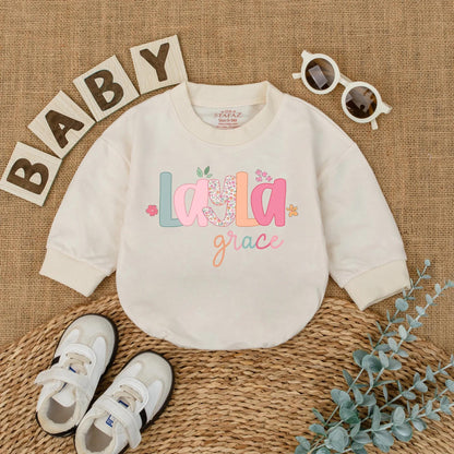 Layla Grace Bubble Romper Baby Girl Floral Name Outfit Custom Pastel Font Sweet Whimsical Infant Clothes Coming Home Gift
