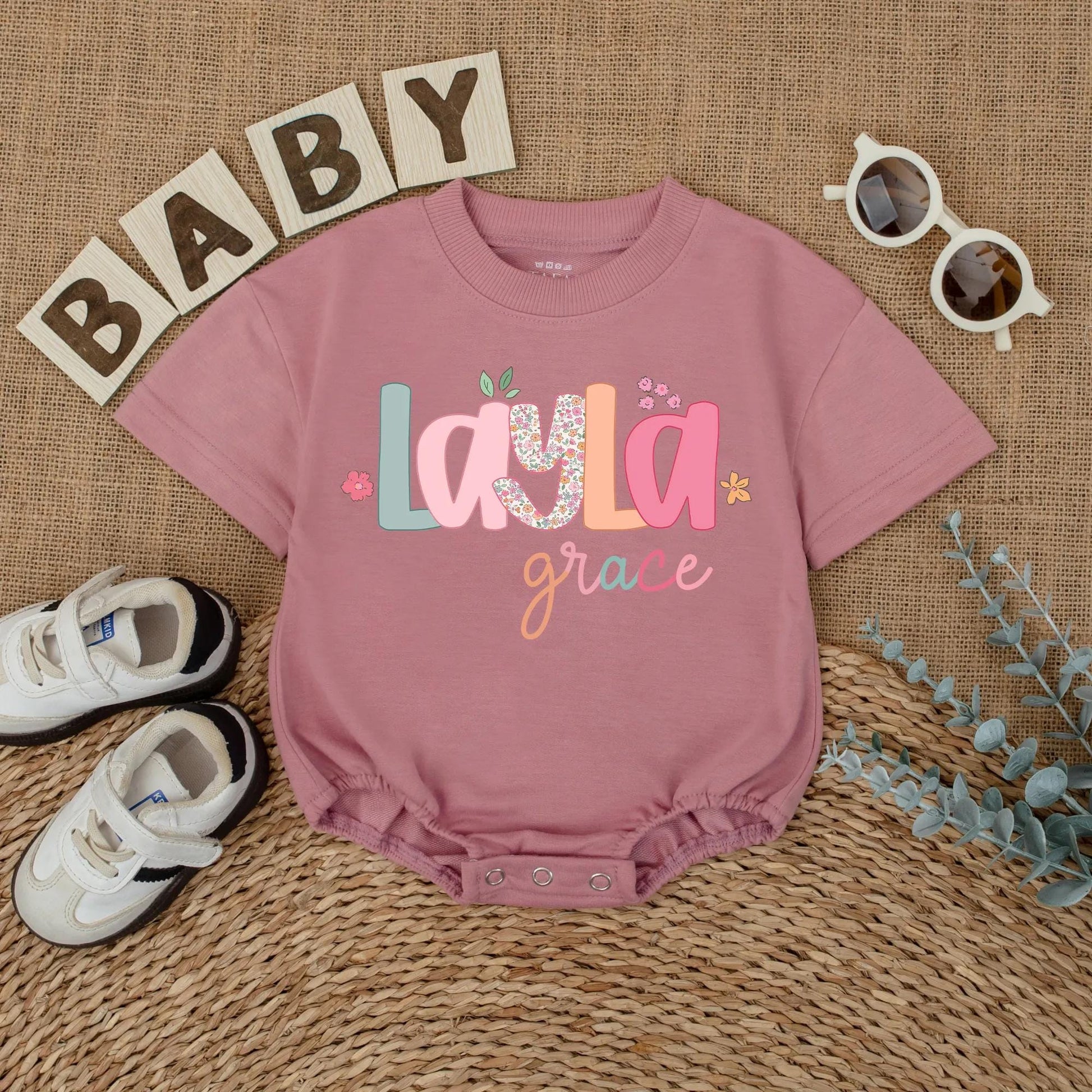 Layla Grace Bubble Romper Baby Girl Floral Name Outfit Custom Pastel Font Sweet Whimsical Infant Clothes Coming Home Gift