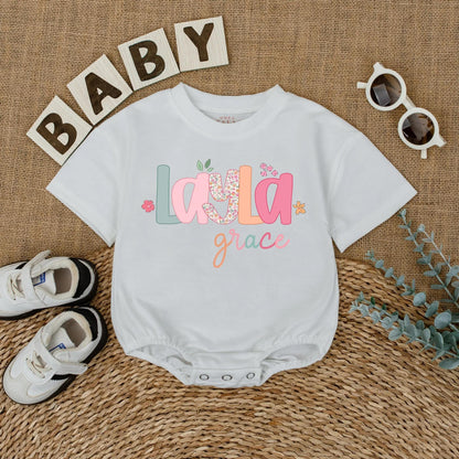Layla Grace Bubble Romper Baby Girl Floral Name Outfit Custom Pastel Font Sweet Whimsical Infant Clothes Coming Home Gift