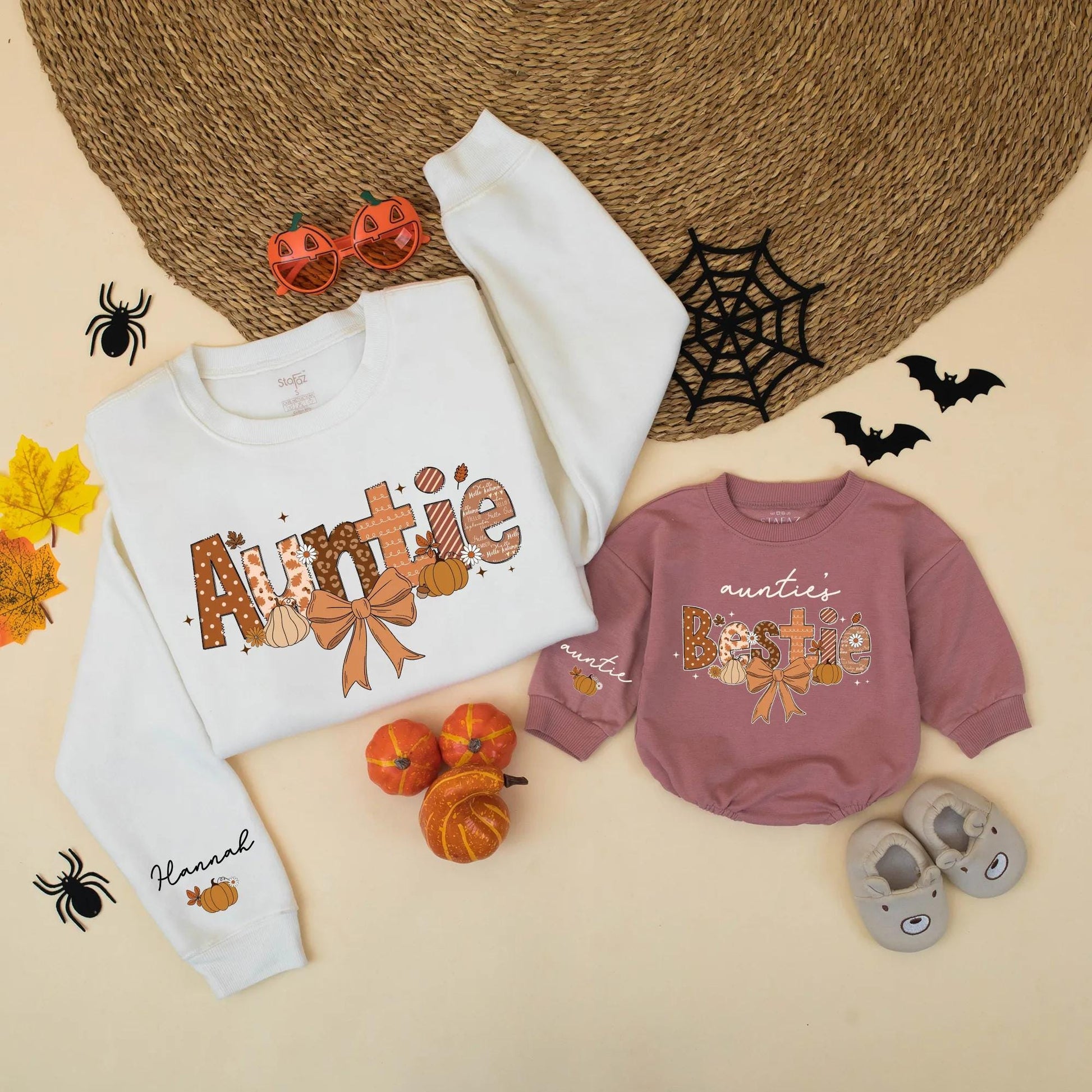 Matching Auntie & Auntie's Bestie Fall Sweatshirts, Personalized Thanksgiving Family Sweater, Pumpkin Design Gift for Aunt & Niece