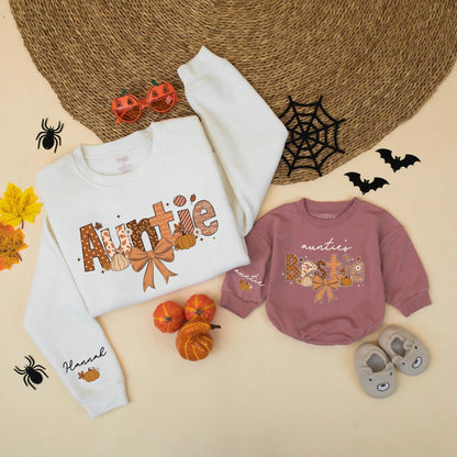Matching Auntie & Auntie's Bestie Fall Sweatshirts, Personalized Thanksgiving Family Sweater, Pumpkin Design Gift for Aunt & Niece