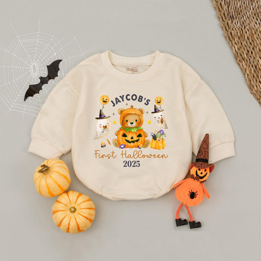 Personalized Baby's First Halloween Romper 2025, Cute Pumpkin Bear & Ghosts Outfit, Newborn Infant Gift