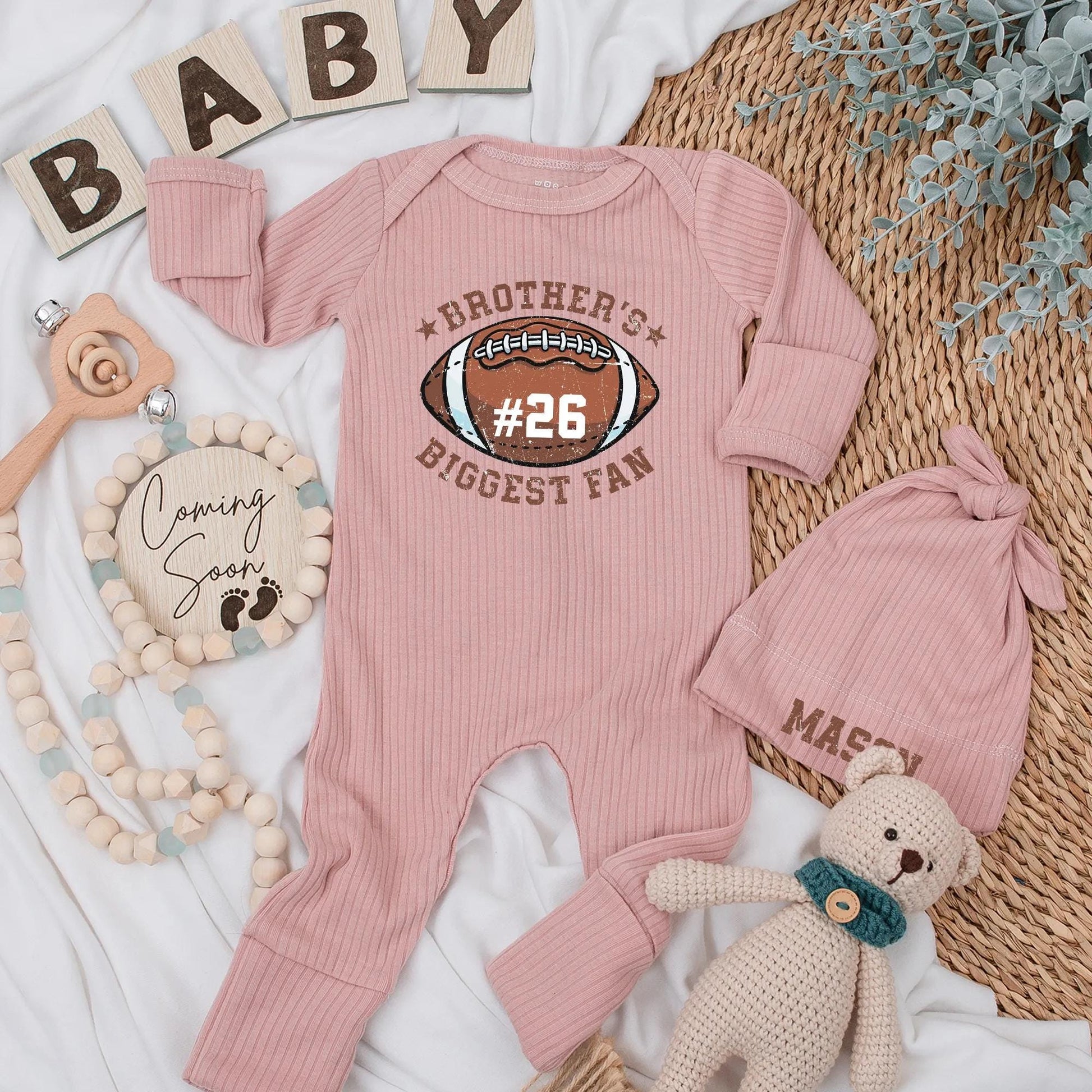 Brother's Biggest Fan Baby Bodysuit Football #26 Brown White Sports Newborn Clothes Game Day Outfit Baby Shower Gift 