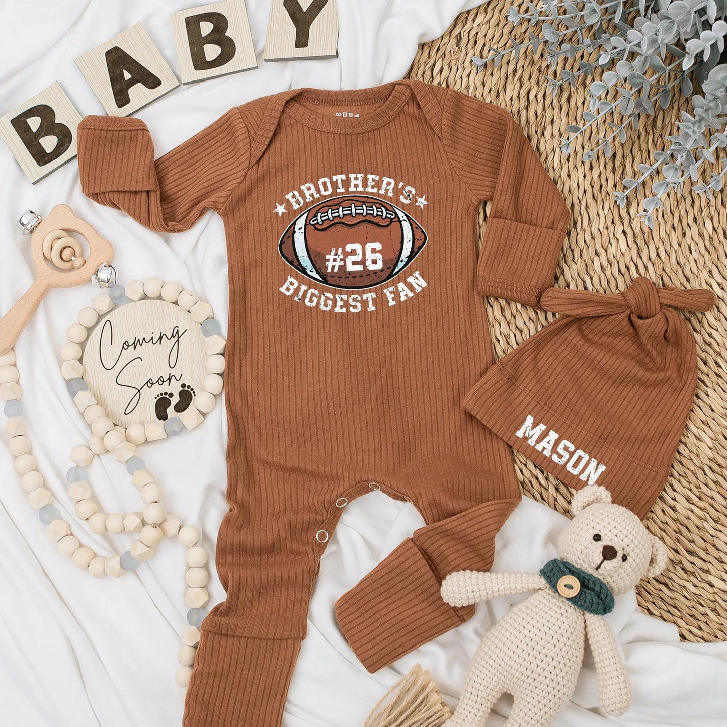 Brother's Biggest Fan Baby Bodysuit Football #26 Brown White Sports Newborn Clothes Game Day Outfit Baby Shower Gift 