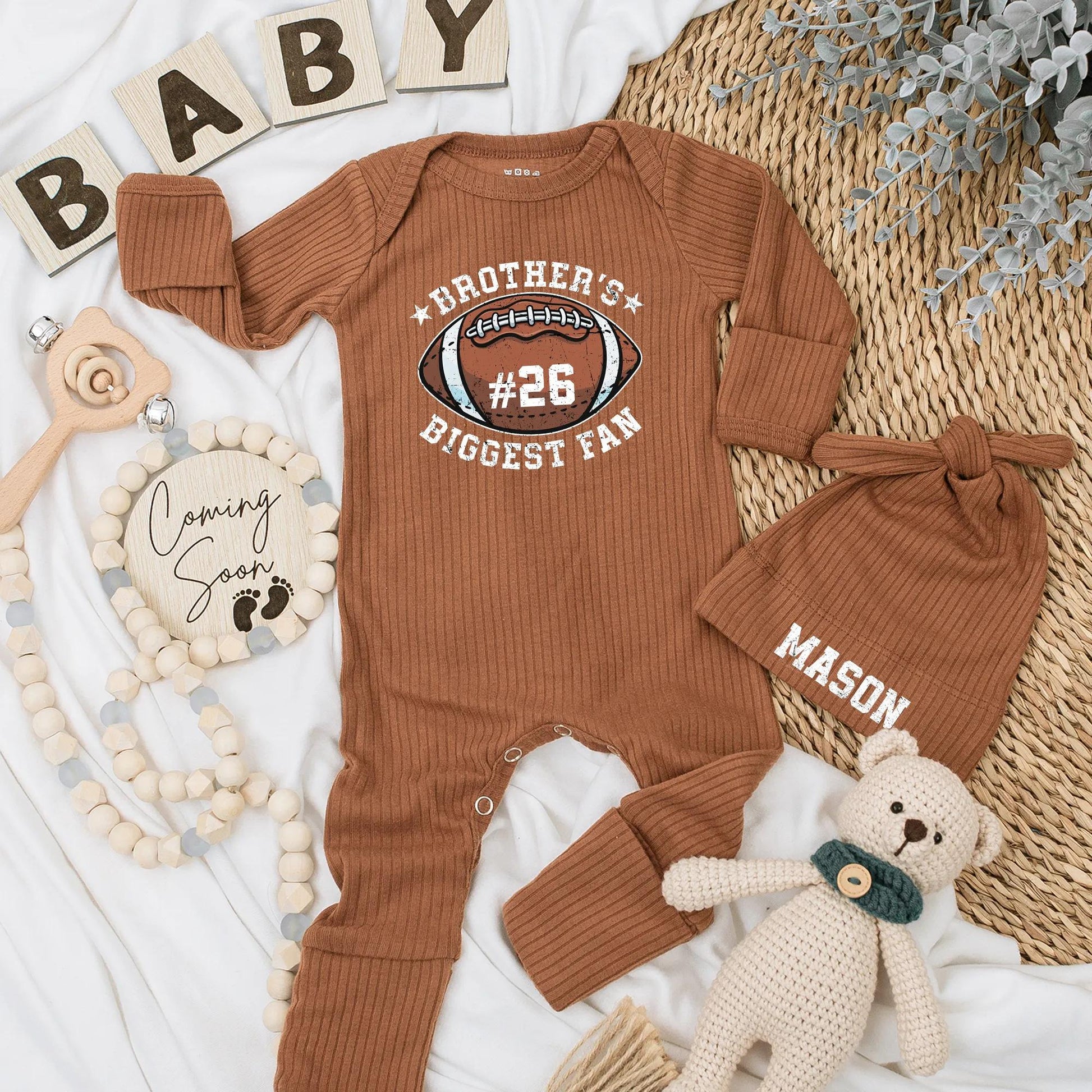 Brother's Biggest Fan Baby Bodysuit Football #26 Brown White Sports Newborn Clothes Game Day Outfit Baby Shower Gift 