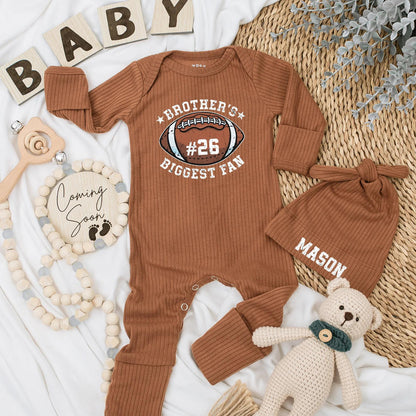 Brother's Biggest Fan Baby Bodysuit Football #26 Brown White Sports Newborn Clothes Game Day Outfit Baby Shower Gift 