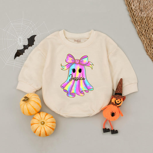 Personalized Name Ghost Halloween Baby Romper Short Sleeves Cute Boo Rainbow Ghost with Gold Outline and Black Cursive Name Toddler Outfit